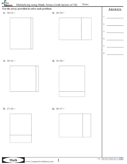 4.nbt.5 Worksheets - Multiplying using blank Arrays (with factors of 10) worksheet
